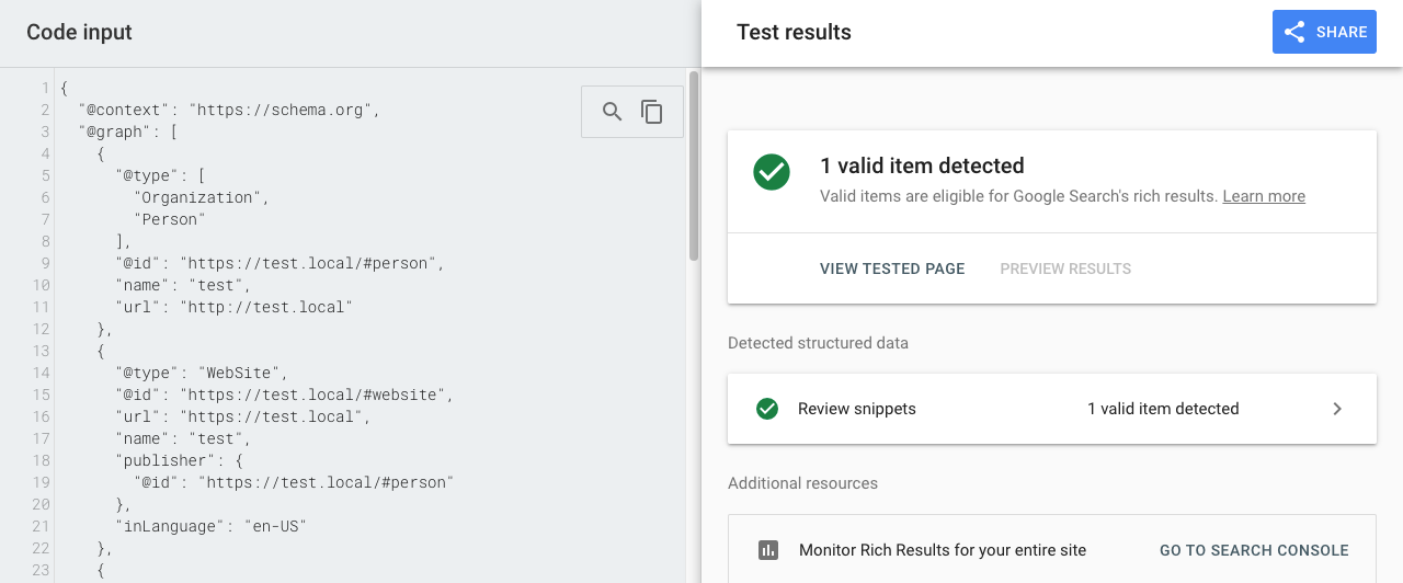 Schema testing tool results