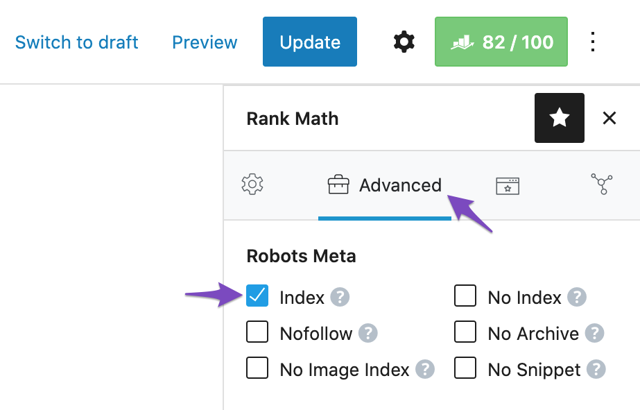 Set Robots Meta to index in Rank Math Metabox