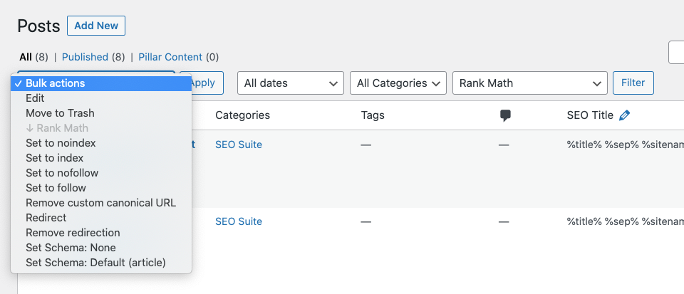 Bulk actions available in WordPress Posts screen