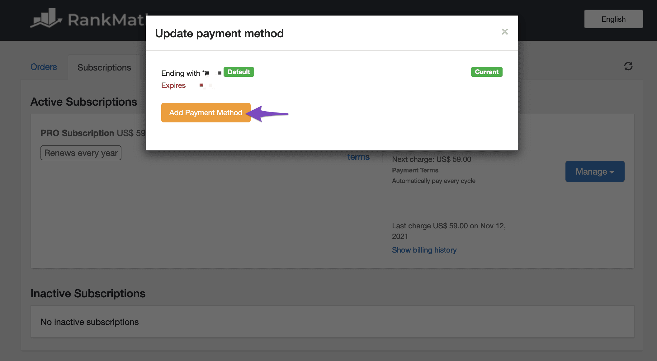 Choose Add Payment Method in the popup