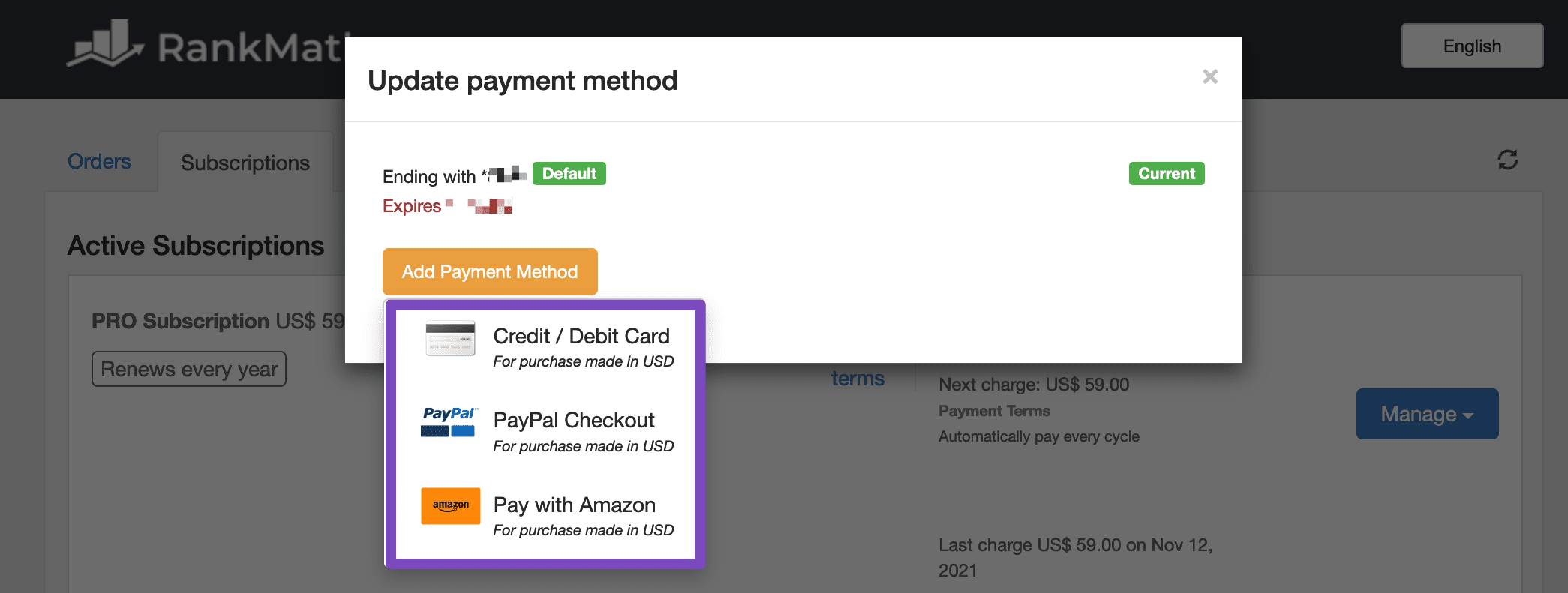 Choose a payment method from the drop-down