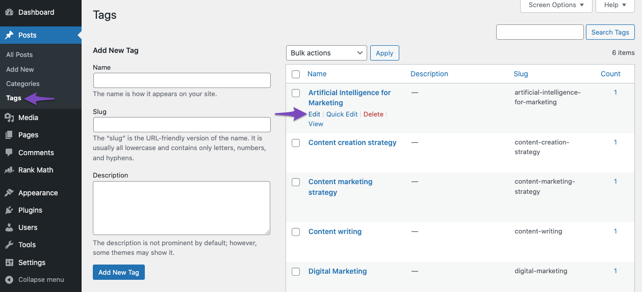 Edit tags in WordPress
