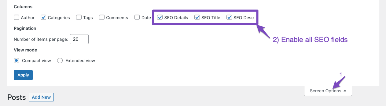 Enable all SEO fields in Screen Options