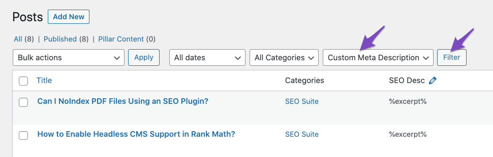 Filter posts with custom meta description