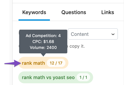 Keywords tooltip in Content AI