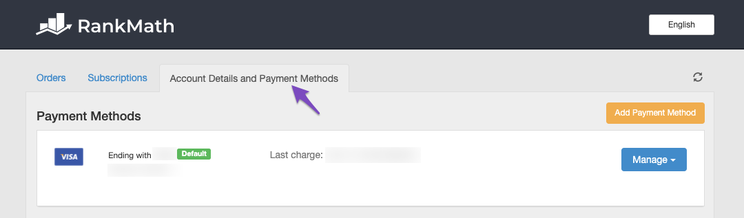 Navigate to Account Details and Payment Methods tab