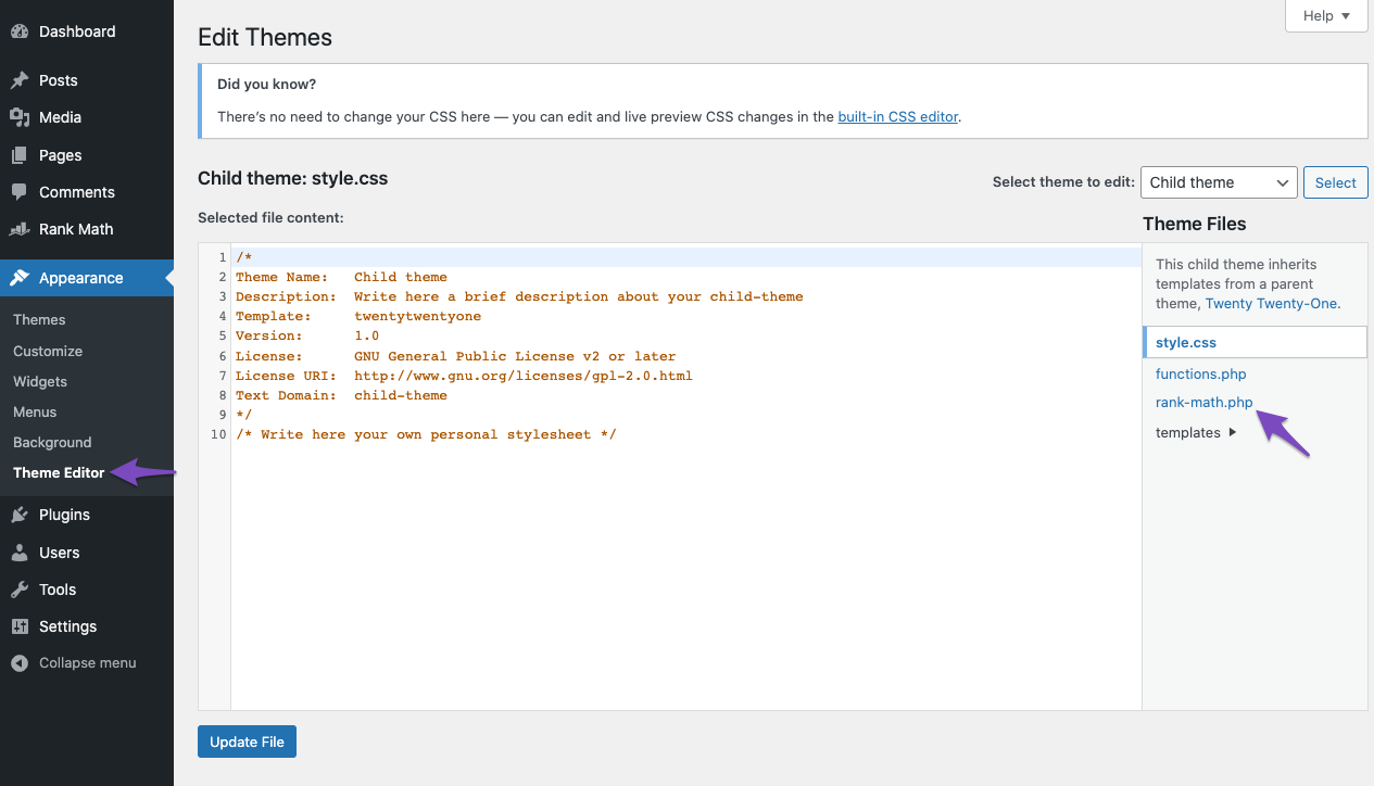 Open rank-math.php in theme file editor