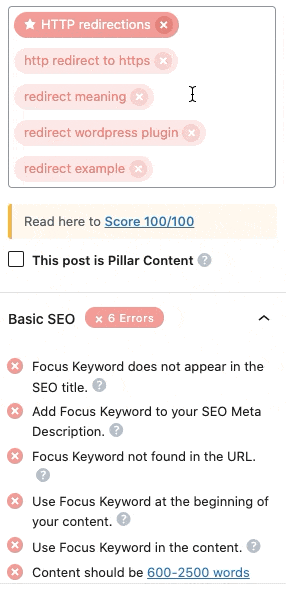 Rank Math Content Analysis tests specific to keywords
