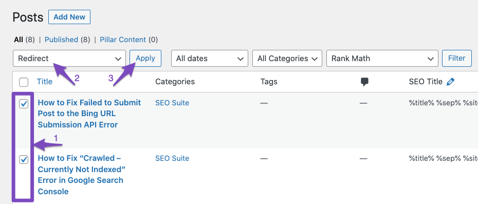 Redirect posts with bulk actions