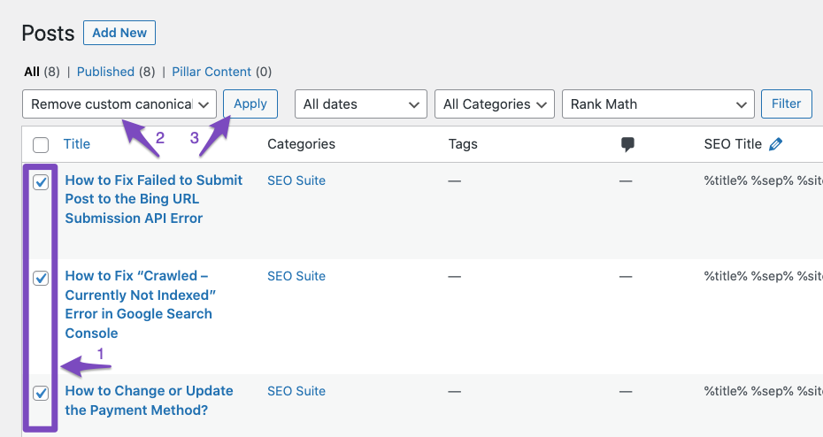 Remove custom canonical with bulk actions