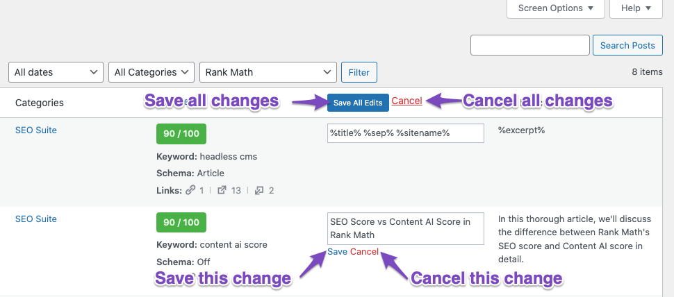 Save and cancel changes to SEO titles