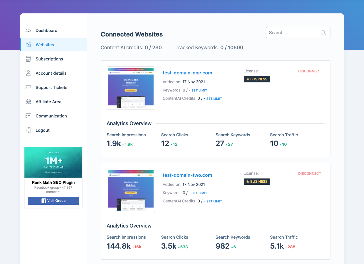 Connected websites in Rank Math Client Management dashboard