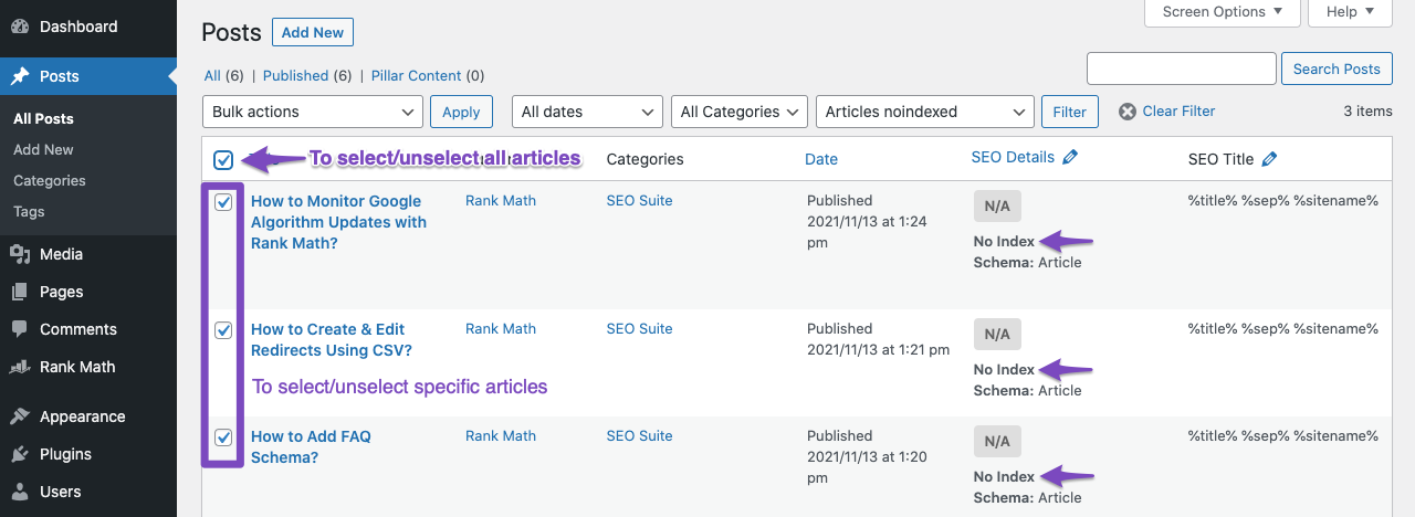Select noindexed articles from the Posts screen