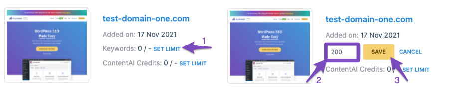 Set Keyword tracking limit in Rank Math Client Management dashboard