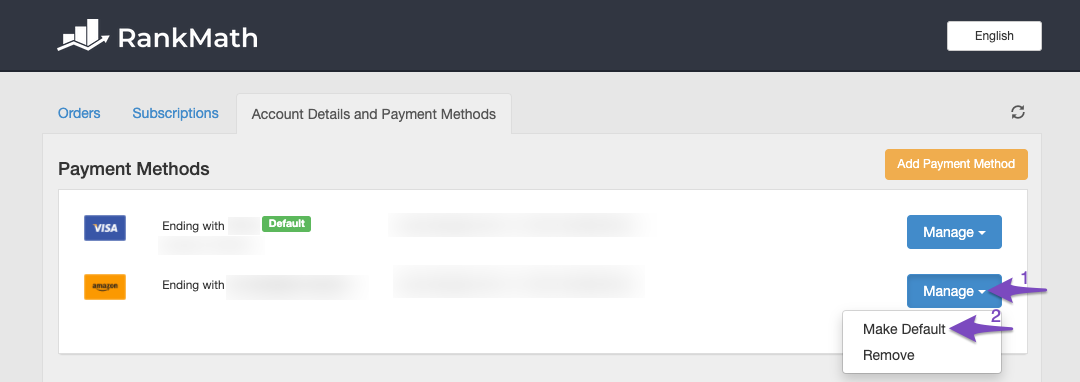 Set default payment method in Rank Math Fastspring checkout page
