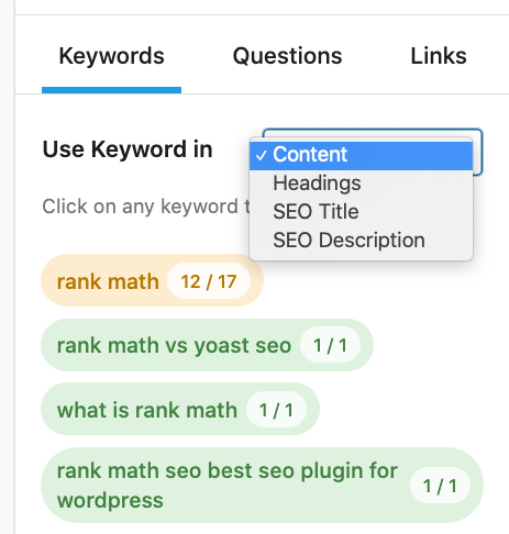 Use Keyword in - Content AI suggestions