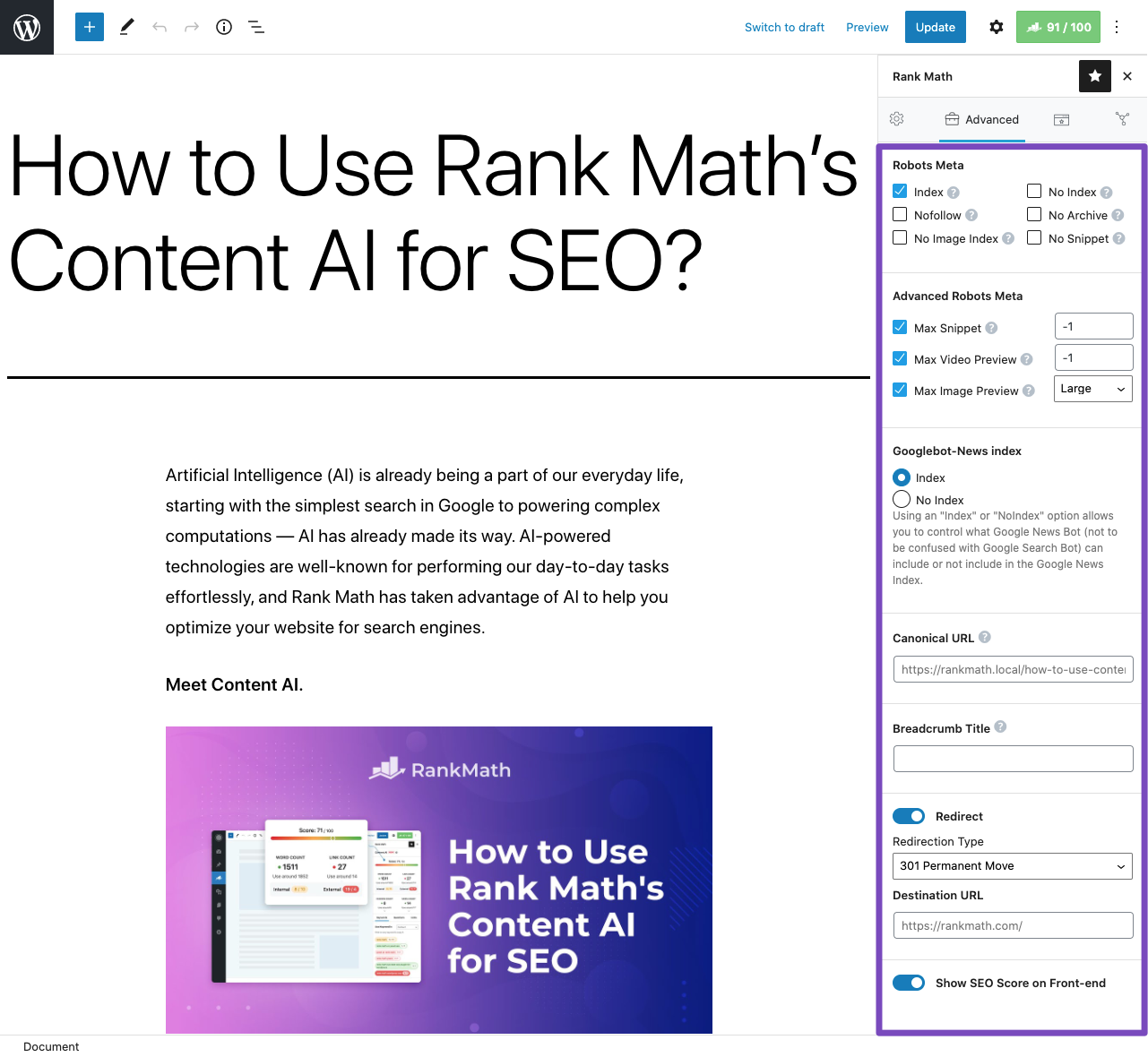 Advanced tab in Rank Math