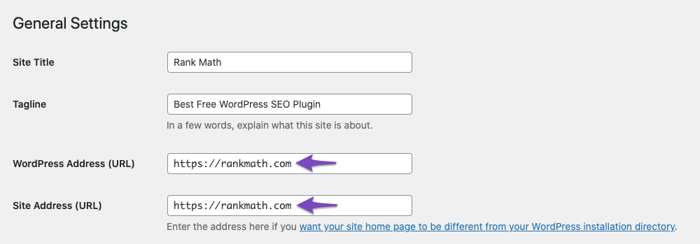 Check URL set in WordPress General Settings