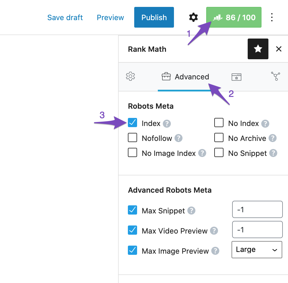 Choose Index Robots Meta in Advanced tab