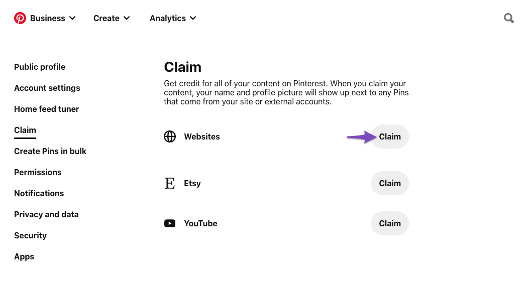Claim website in Pinterest