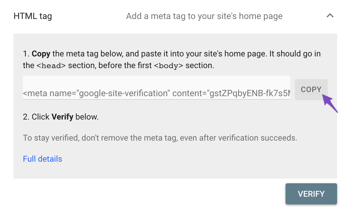 Copy HTML site verification code