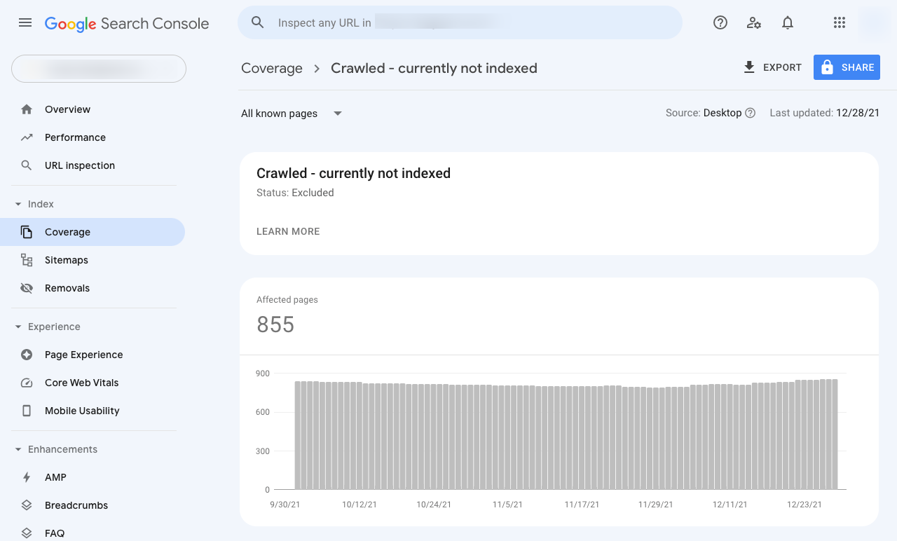 Crawled - currently not indexed status in Google Search Console