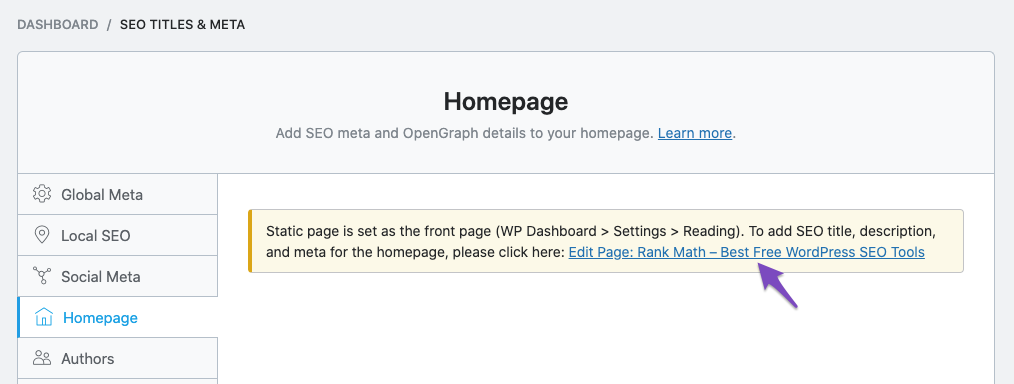 Homepage set to static notice in Rank Math