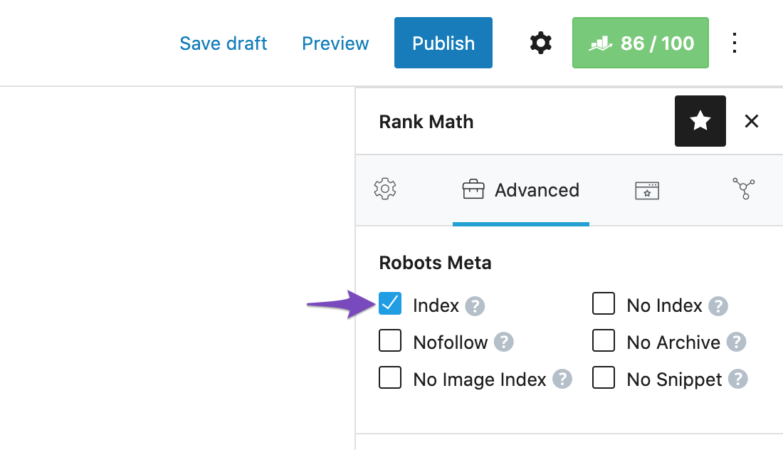 Index Robots Meta in Advanced tab