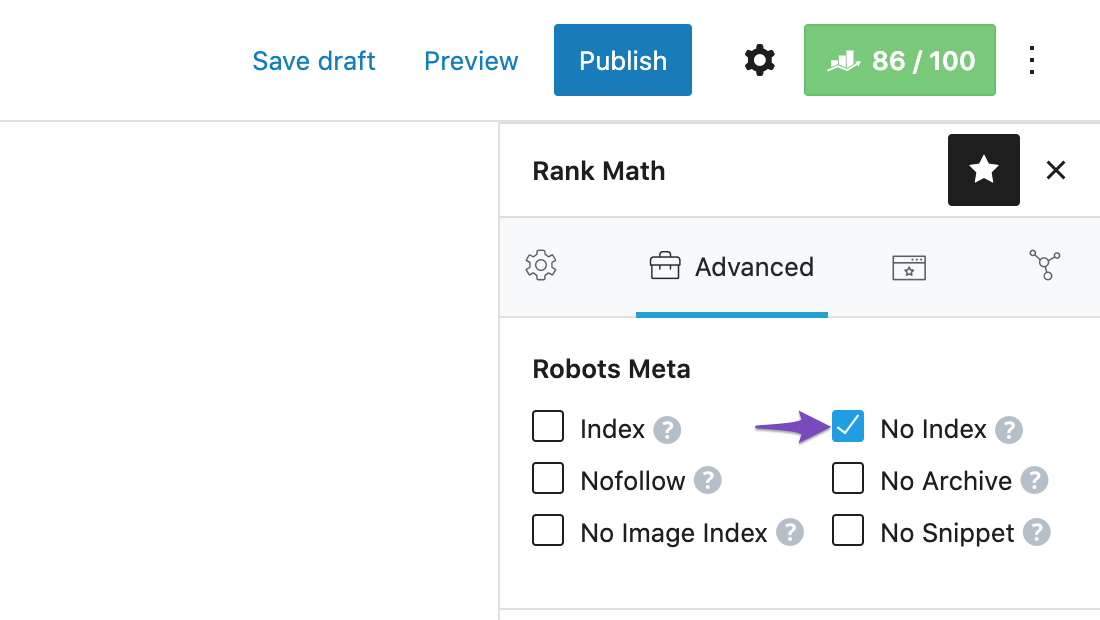 No index Robots Meta selected in Advanced tab