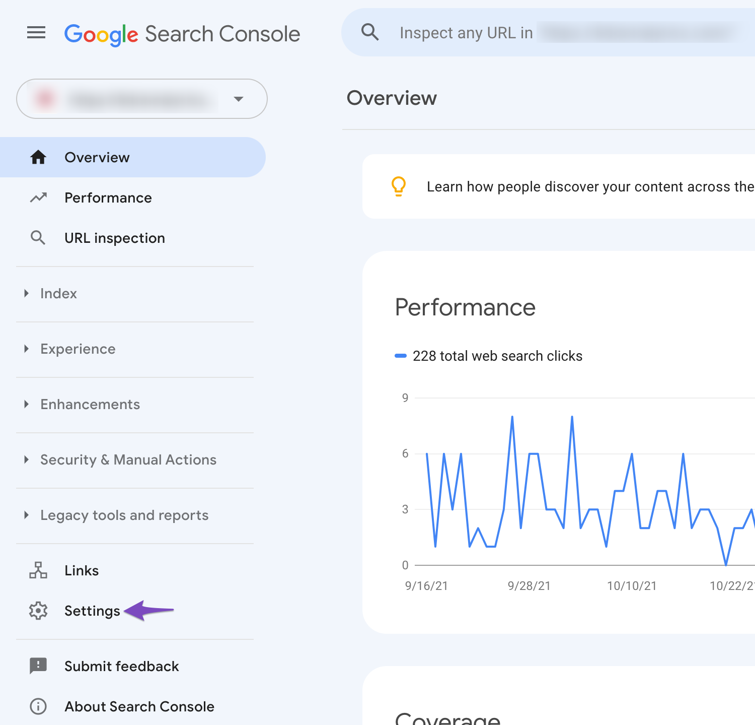 Open settings in Google search console