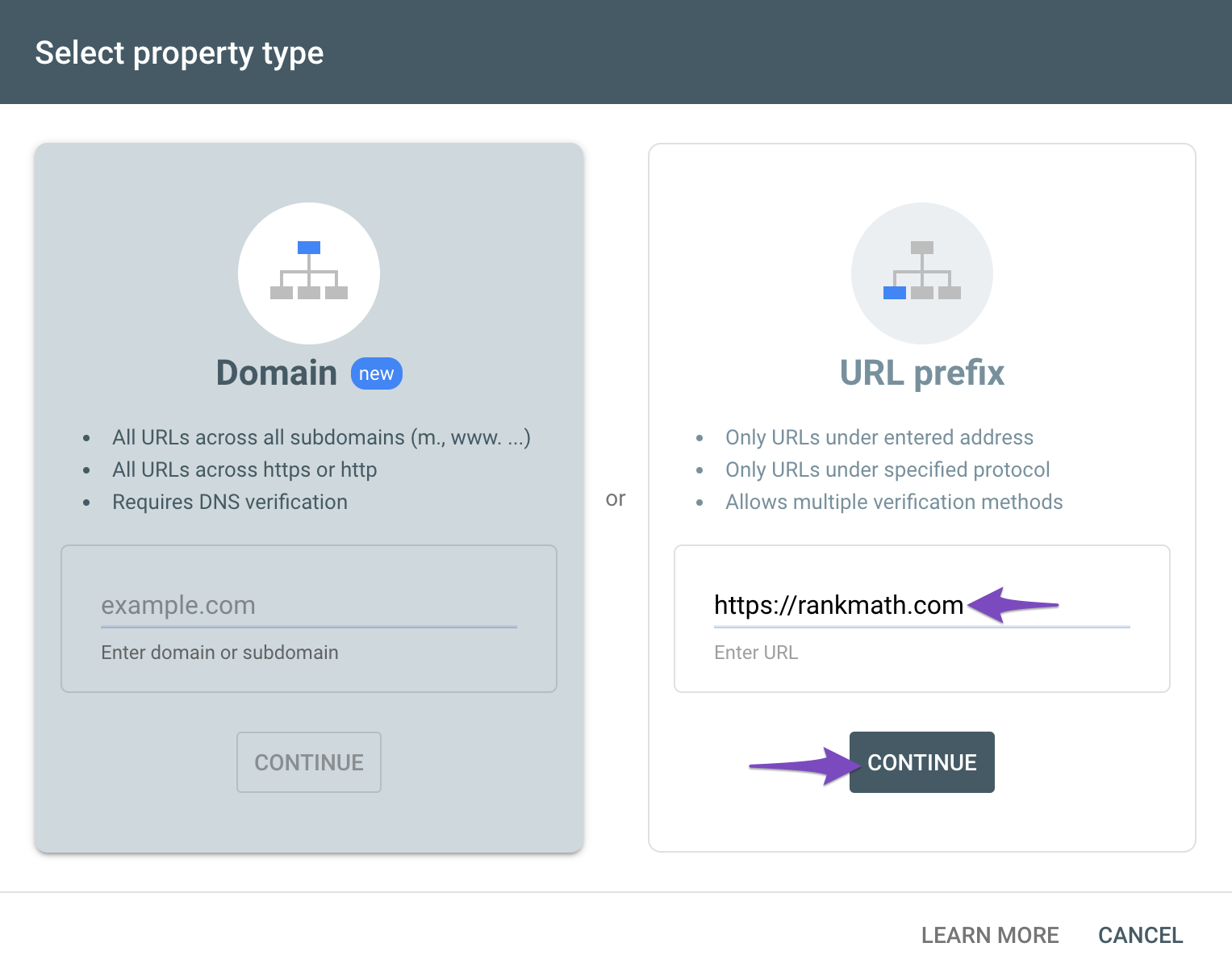 Select property type in Google Search Console