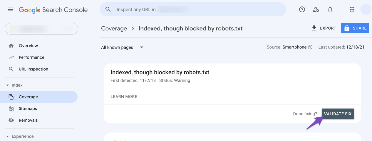Validate fix for Indexed, though blocked by robots.txt warning