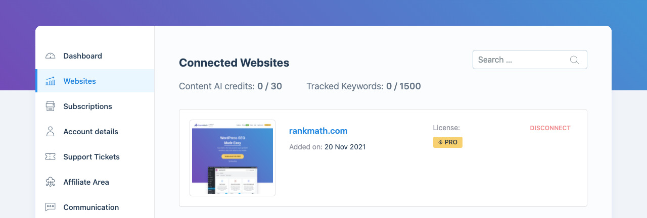 Connected websites in Rank Math account area