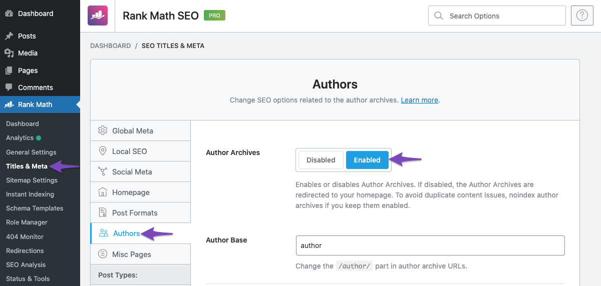 Enable Author archives in Rank Math Titles & Meta