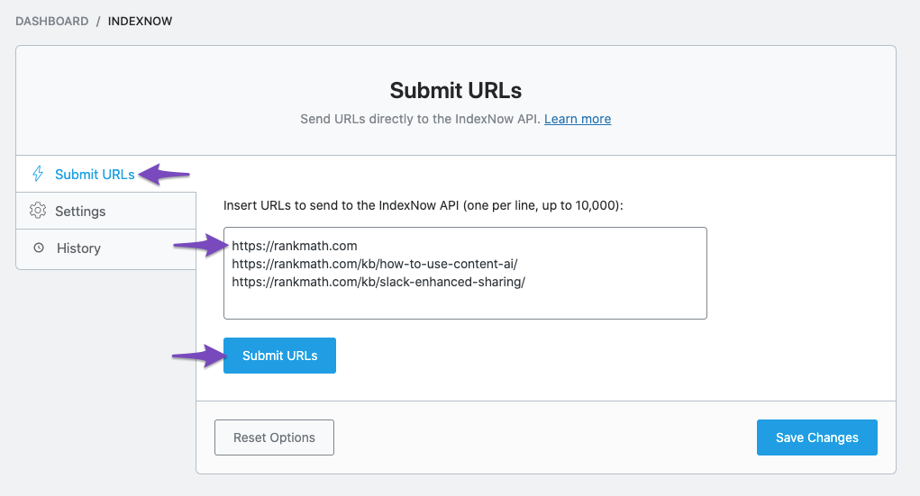Submit URLs in IndexNow