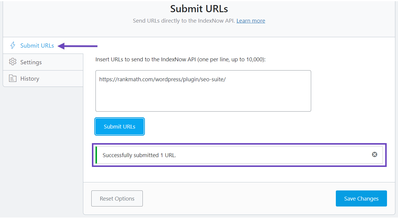 Submitting URLs through Rank Math's Instant Indexing feature