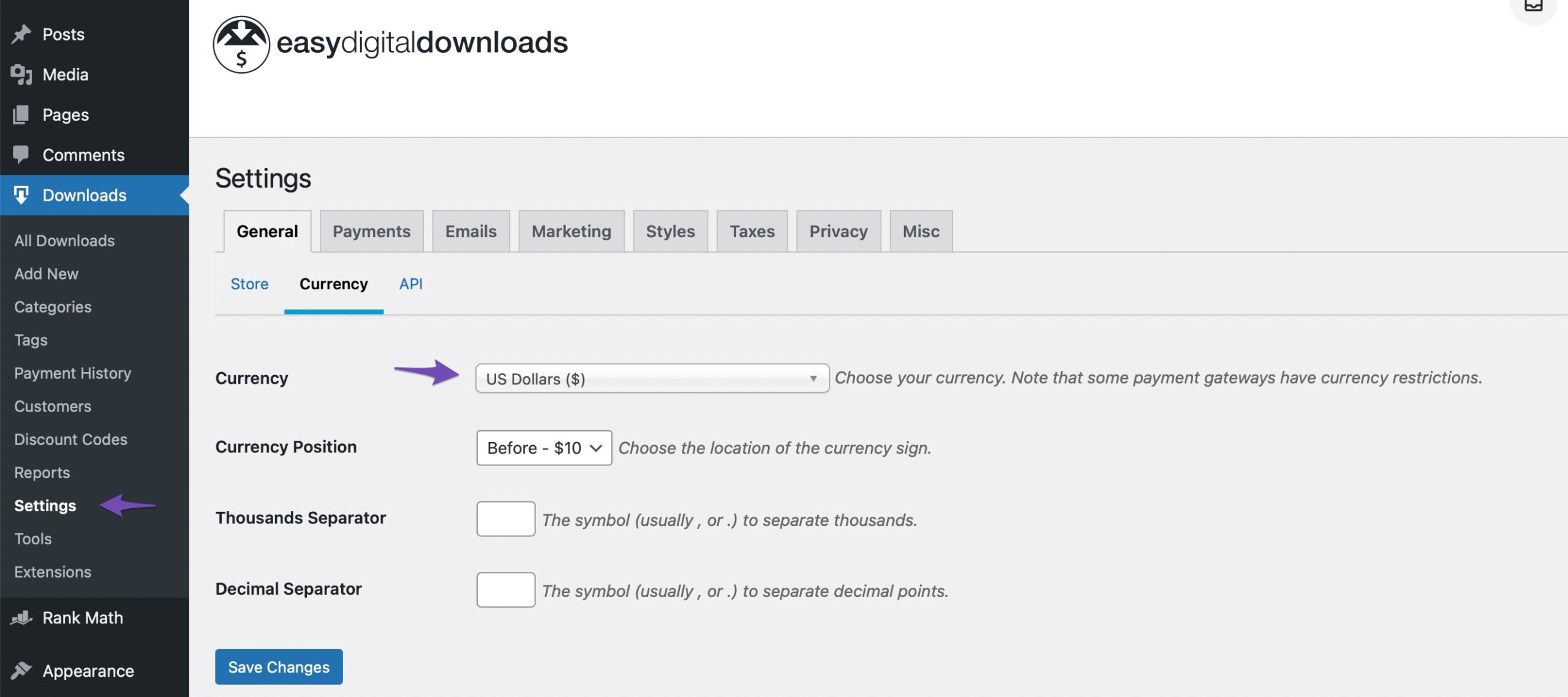 set currency for your Easy Digital Download Product