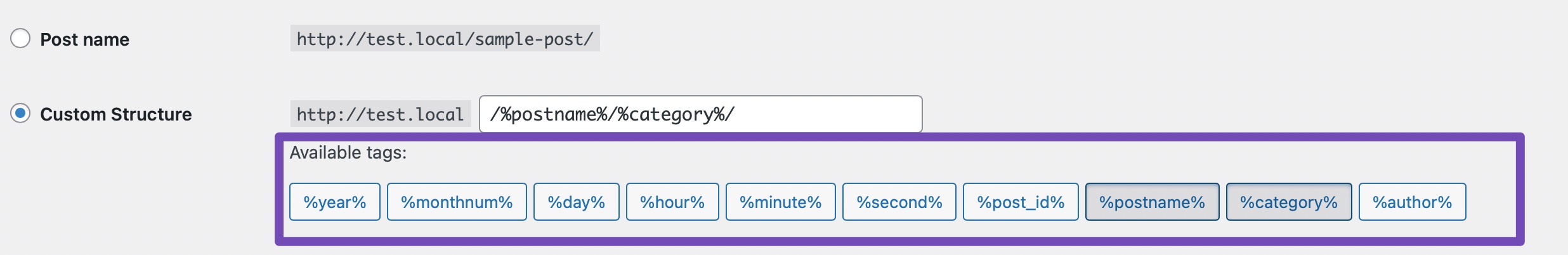 Tags available in the permalink settings