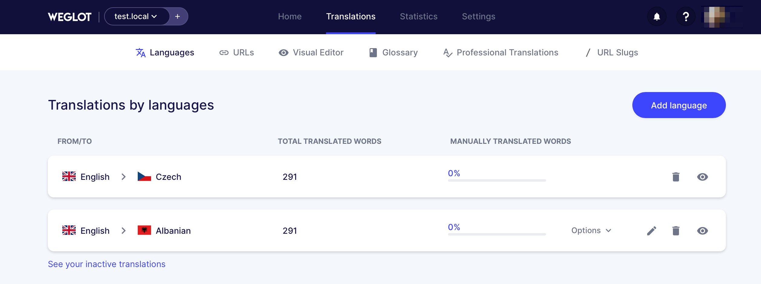 weglot dashboard