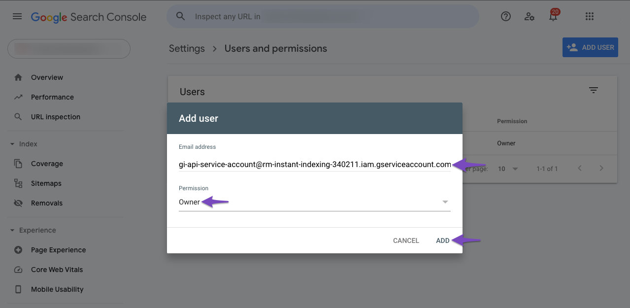 Add user as owner in Google Search Console