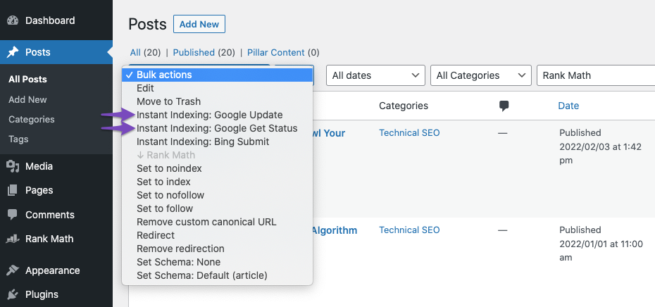 Bulk actions for Google Instant Indexing