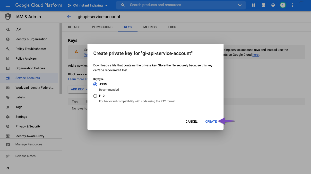 Create JSON Key for Service Account