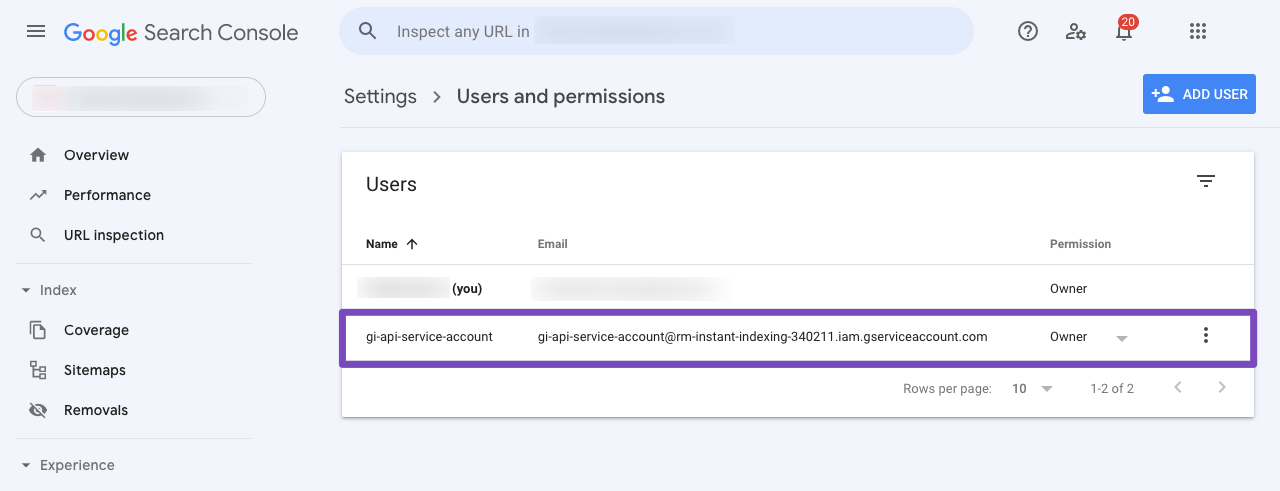 Google Service account added to Google Search Console users