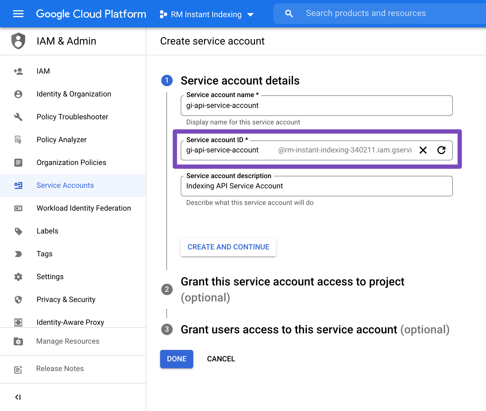 Instant Indexing Service Account Information