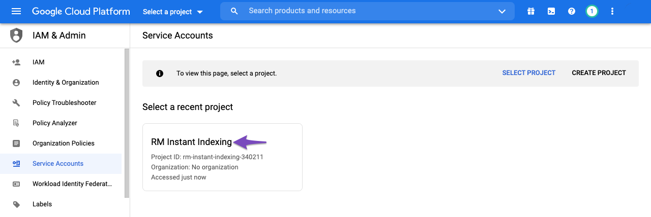Select project to create service account