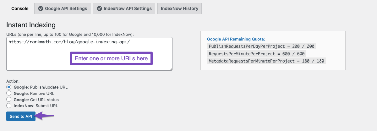 Send URLs to API for Instant Indexing
