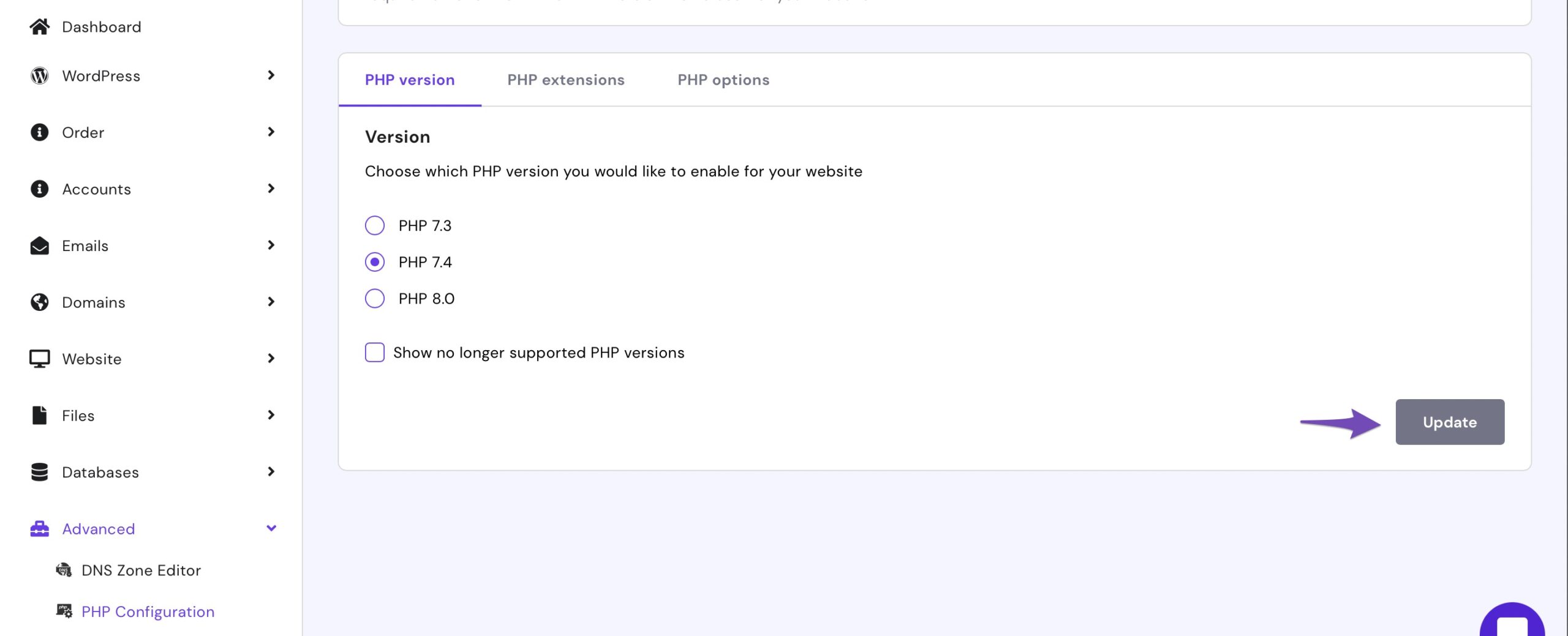 Select PHP version