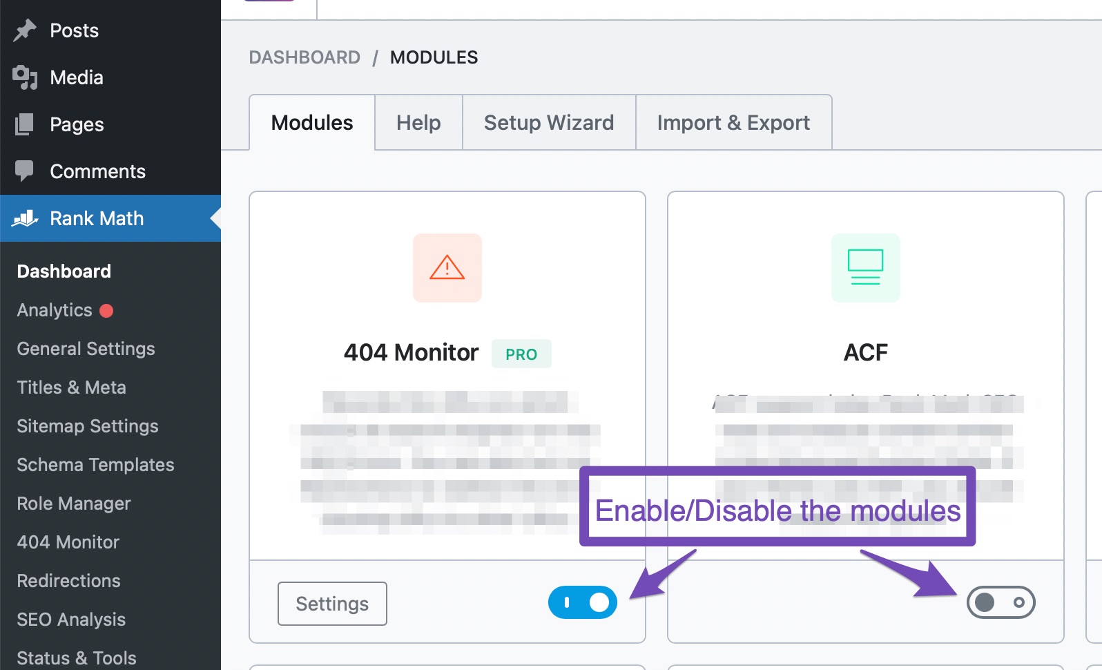 Enable/Disable Modules in Rank Math