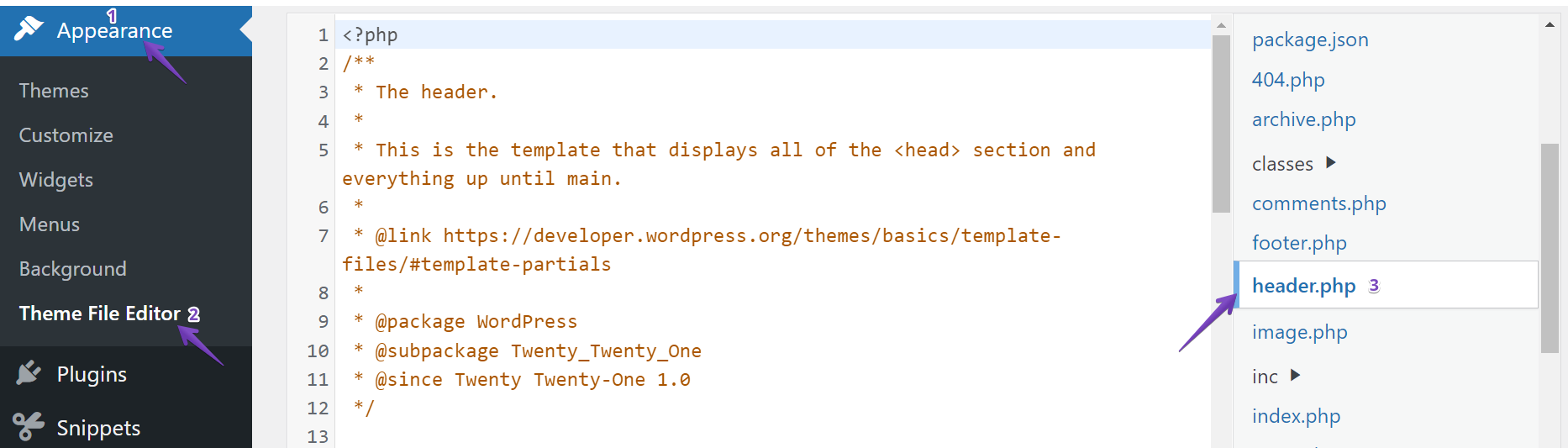 click header.php from Theme File Editor