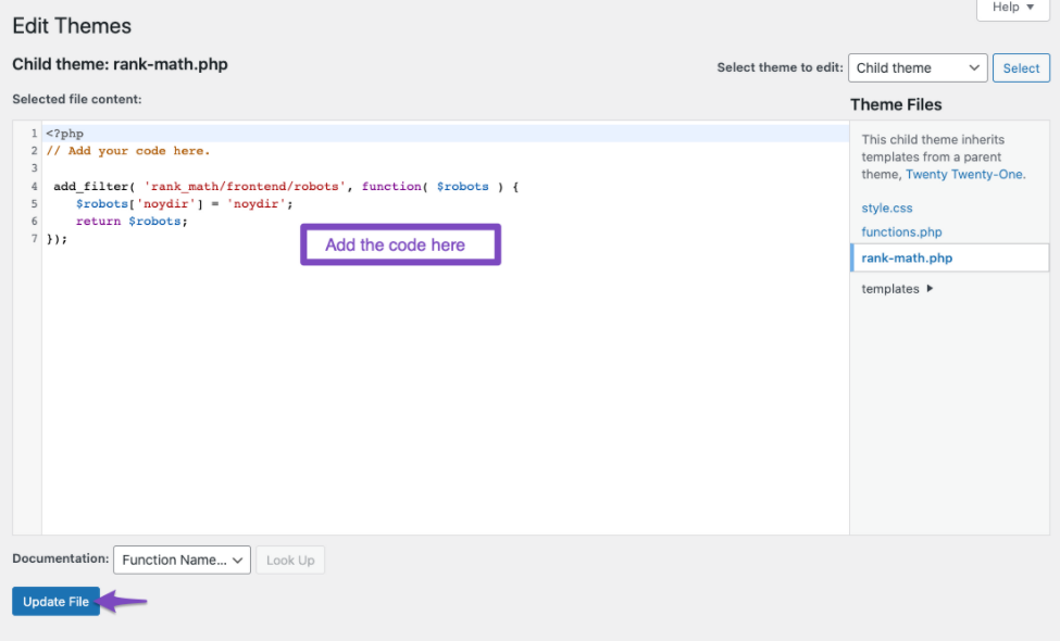 Add the code snippet to rank-math.php file and update the file